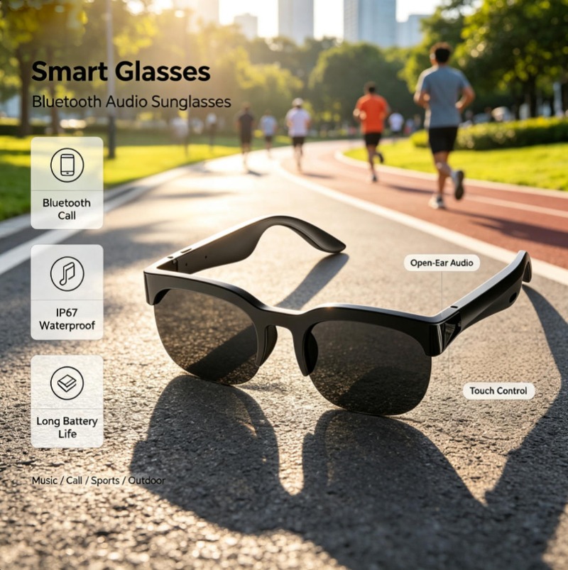 Audio Music Video - Bluetooth-Audio-Smart-Brille mit Open-Ear-Audio, Touch-Steuerung, langer Akkulaufzeit,